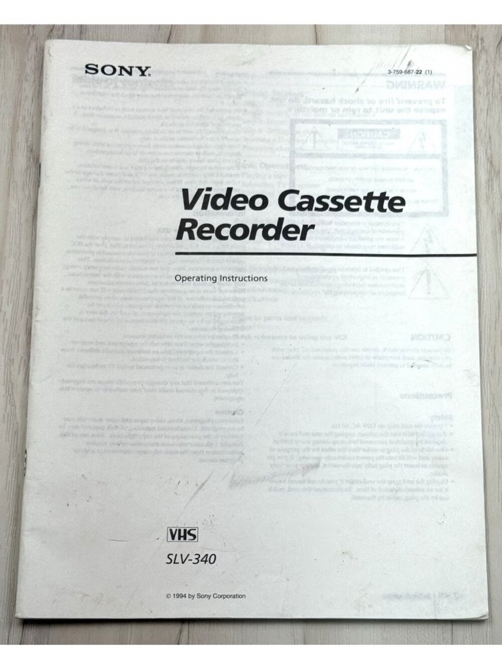 1994 SONY Video Cassette Recorder VCR Manual OPERATING INSTRUCTIONS Only SLV-340